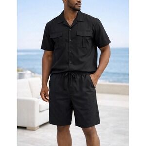 Coofandy Mens 2 Piece Linen Blend Shirt and Shorts Set Black XXL New